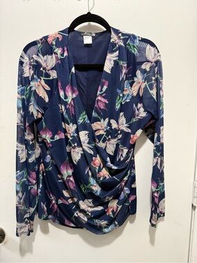 VENUS Navy Floral Draped Wrap Blouse